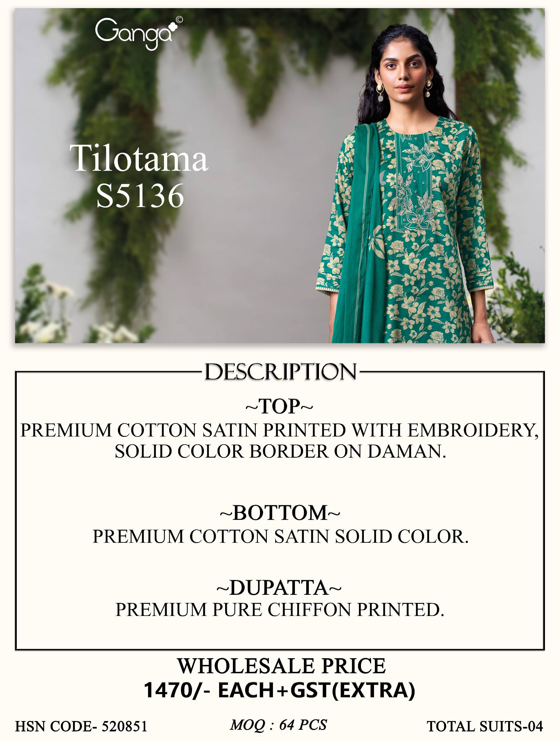 TILOTAMA 5136 SERIES BY GANGA FASHION Beautiful Colourful COTTON SATIN Dresses At Wholesale Price
